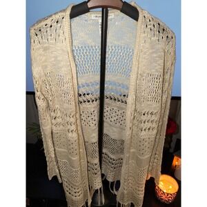 99 Jane Street Cream Open Knit Boho Cardigan Fringe Coastal Lightweight S
